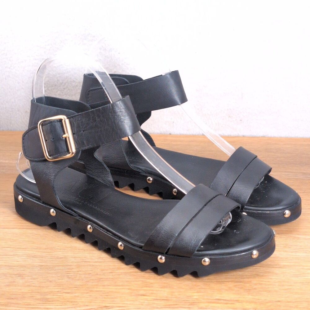 AGL Women's 6.5 EU 36.5 Black Lambskin Leather Ankle Wrap Sandals Studded Italy